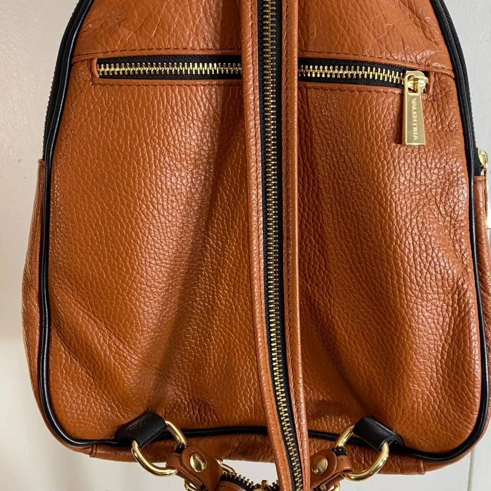 Valentina Italiana Elegant Pebbled Tan and Black Leather Backpack
